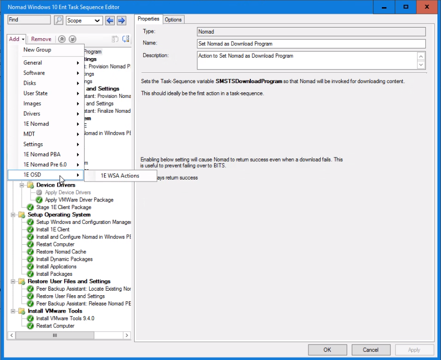 1E OSD task sequence actions